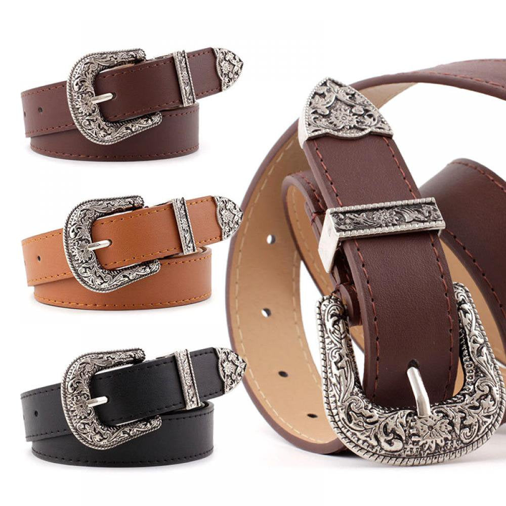 Women Leather Belts Ladies Vintage Western Design Coffee Waist Belt for Pants Jeans Dresses